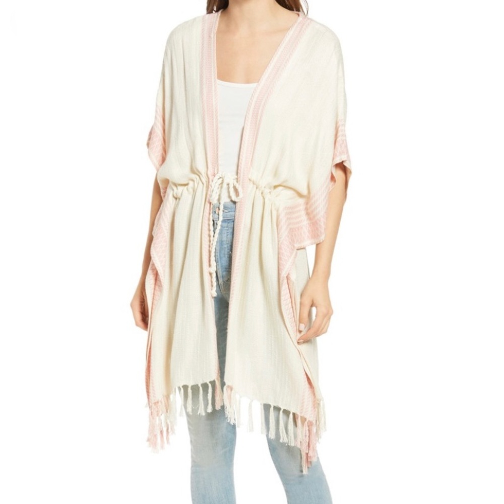 Treasure & Bond ivory tassel jacquard border ruana ivory birch kimono one size
